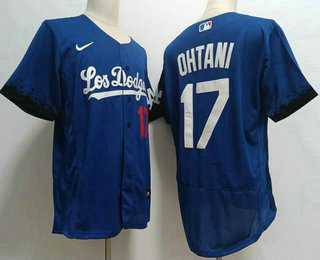Mens Los Angeles Dodgers #17 Shohei Ohtani Number Blue 2021 City Connect Flex Base Stitched Jersey